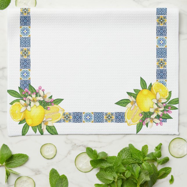 Helle mediterrane sizilianische Tiles Citrus Lemon Geschirrtuch (Gefaltet)