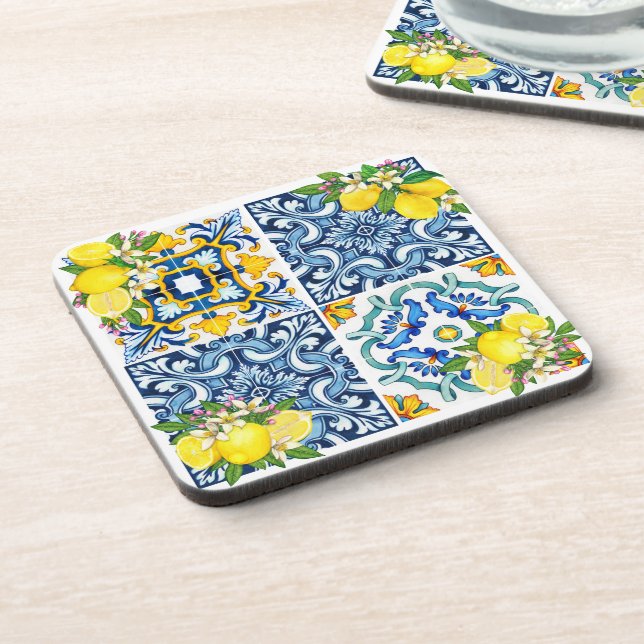 Helle mediterrane sizilianische Tiles Citrus Lemon Getränkeuntersetzer (Linke Seite)