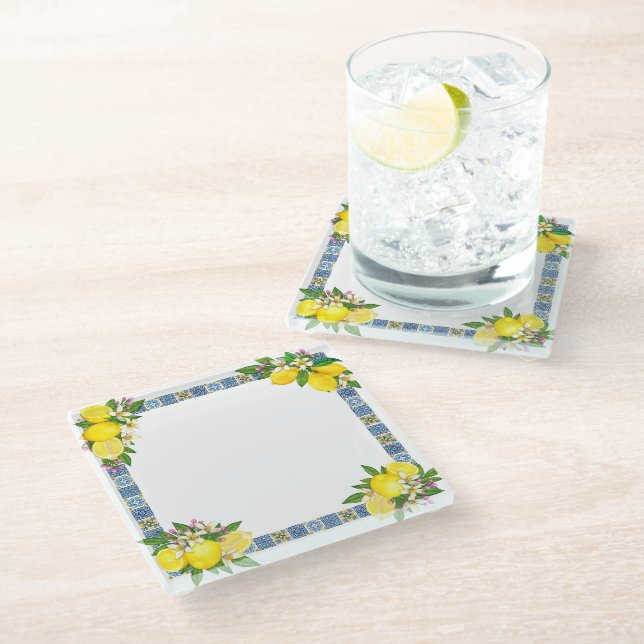 Helle mediterrane sizilianische Tiles Citrus Lemon Glasuntersetzer (Schrägansicht)