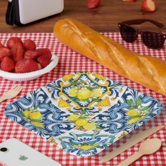 Helle mediterrane sizilianische Tiles Citrus Lemon Pappteller