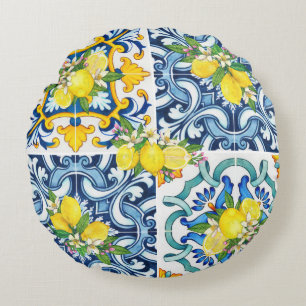 Helle mediterrane sizilianische Tiles Citrus Lemon Rundes Kissen