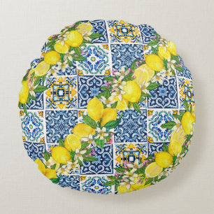 Helle mediterrane sizilianische Tiles Citrus Lemon Rundes Kissen