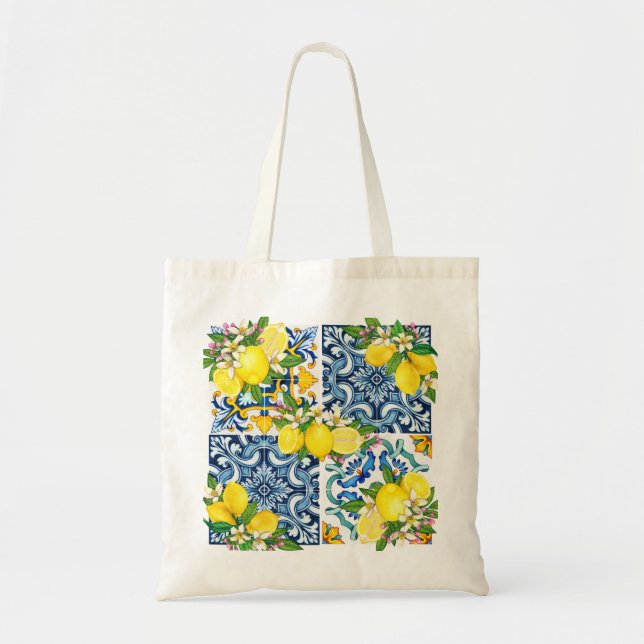 Helle mediterrane sizilianische Tiles Citrus Lemon Tragetasche (Vorne)