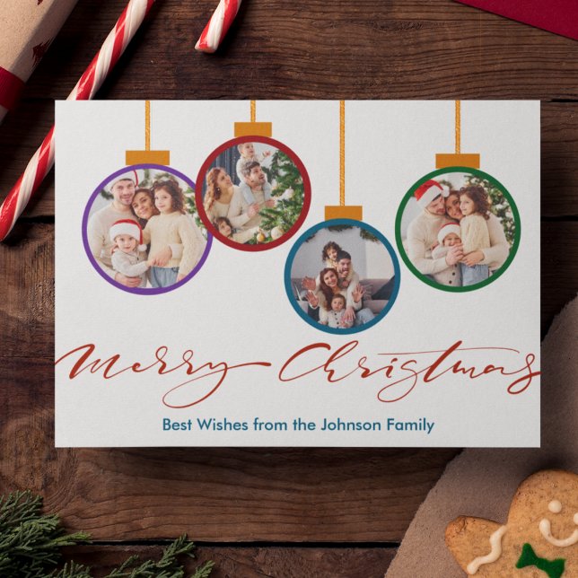 Helle Moderne Weihnachtsschmuck 4 Foto Weihnachten (Bright Modern Christmas Ornament 4 Photo Christmas Card with Red script merry christmas)