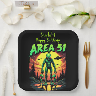 Helle Neon-Aliens beobachten Area 51 Pappteller