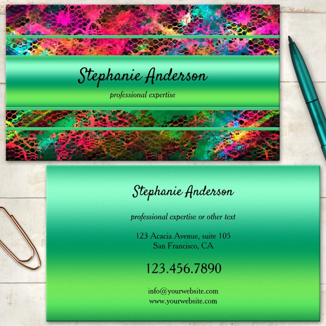 Helle Neon farbenfrohe grüne Visitenkarte (A colorful business card featuring an eye catching neon abstract design with green stripes)