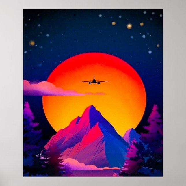 Helle Neon Mountains Sunrise Flugzeug Poster (Vorne)