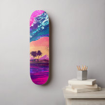 Helle Neon Retro Wave und Palmen Treppen Skateboar