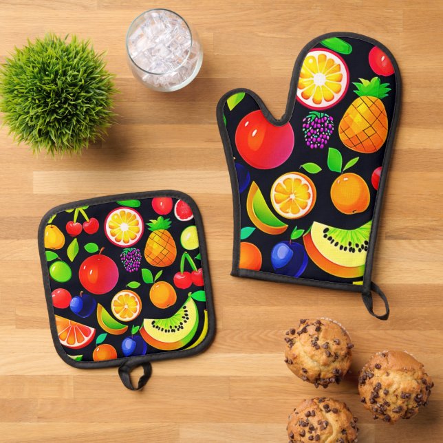 Helle Obstsammlung Ofenhandschuh & Topflappen-Set (Oben Unten)