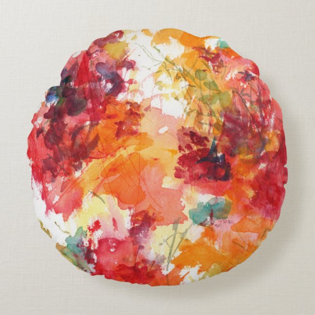 Helle Orange Abstrakte Leinwand Blume Art Rundes Kissen (Vorderseite)