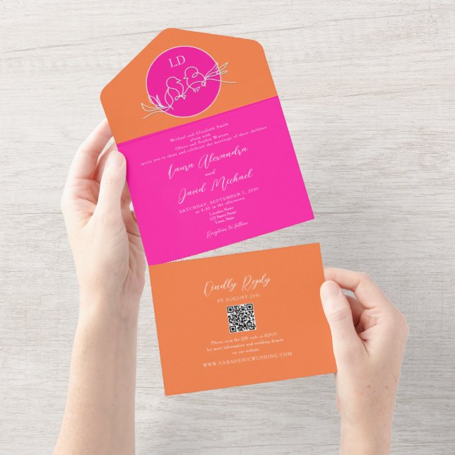 Helle Orange und rosa Hochzeit All In One Einladung (Abreißen)