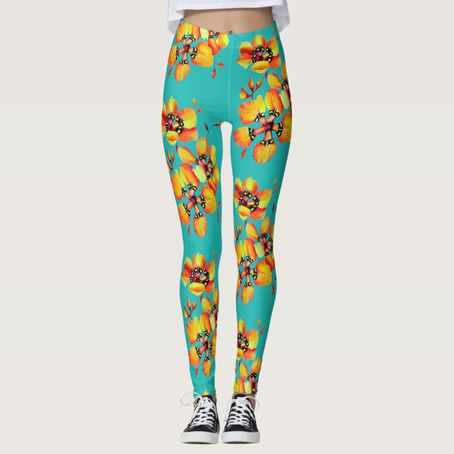 Helle Orangefarbene Blume - Aqua Leggings (Vorderseite)