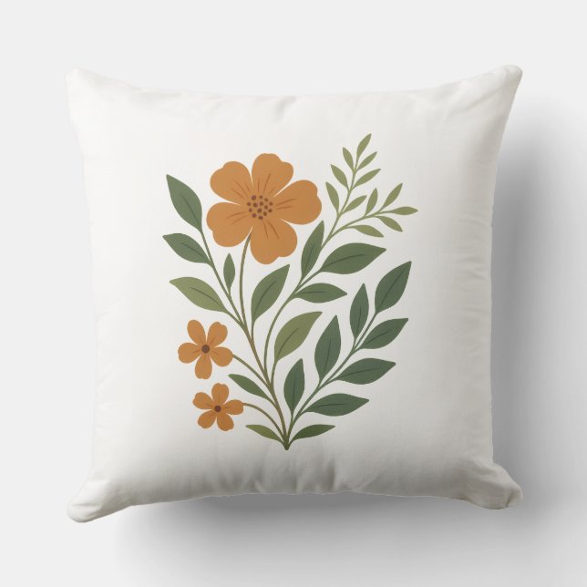 Helle Orangefarbene Blume mit grünen Blätter Kissen (Rückseite)