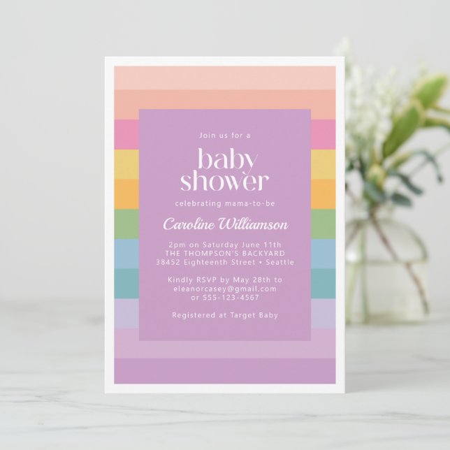 Helle Pastel Stripe Rainbow Lila Babydusche Einladung (Stehend Vorderseite)