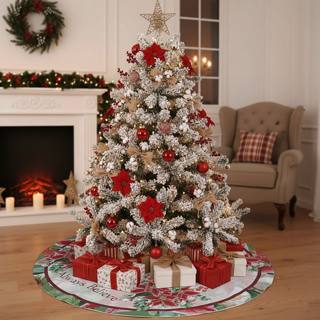 Helle Poinsettien und heilige Weihnachten Polyester Weihnachtsbaumdecke (Von Creator hochgeladen)