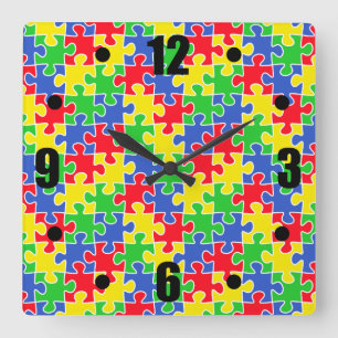 Helle Primärfarbpuzzle-Stücke Quadratische Wanduhr