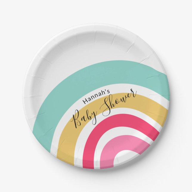 Helle Rainbow Baby Dusche mit Name Pappteller (Vorderseite)