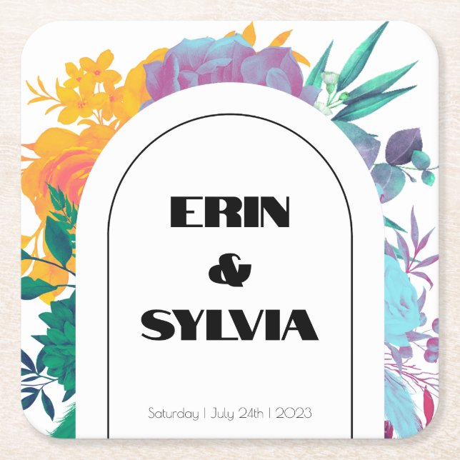 Helle Rainbow Floral Wedding Rechteckiger Pappuntersetzer (Vorderseite)