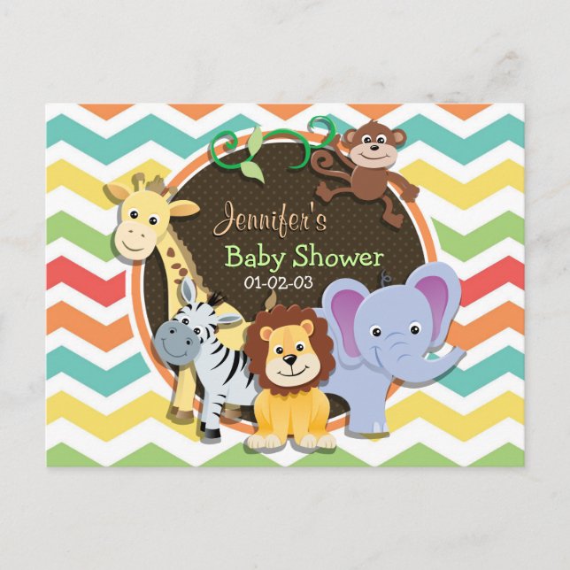 Helle Rainbow Zickzack Zoo Animals Baby Dusche Einladungspostkarte (Vorderseite)