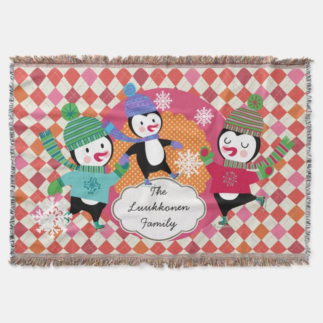 Helle Raute Skaten Pinguine Holiday Throw Decke (Vorderseite)
