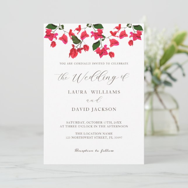 Helle Red Bougainvillea Blume Hochzeit Einladung (Stehend Vorderseite)