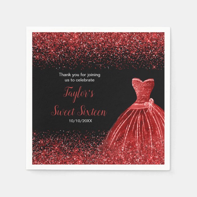 Helle Red Dress Imitate Glitzer Sweet 16 Geburtsta Serviette (Vorderseite)