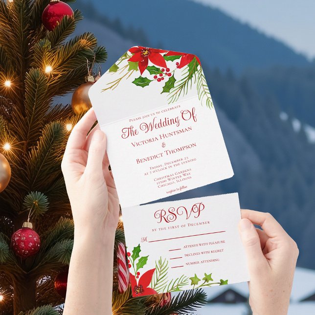 Helle Red Green Christmas Poinsettia Wedding All In One Einladung (Von Creator hochgeladen)