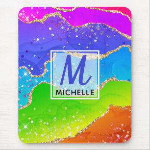 Helle Regenbogen- & Gold-Faux-Glitter-Agate-Monogr Mousepad
