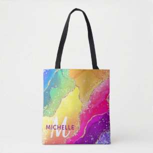 Helle Regenbogen- und Gold-Faux-Glitter-Agate-Mono Tasche