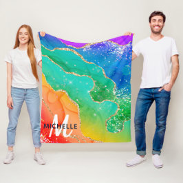 Helle Regenbogenfarben und goldene Imitat Glitzer  Fleecedecke