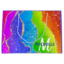 Helle Regenbogenfarben und goldene Imitat Glitzer  Große Geschenktüte
