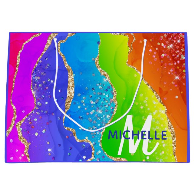 Helle Regenbogenfarben und goldene Imitat Glitzer  Große Geschenktüte (Vorderseite)