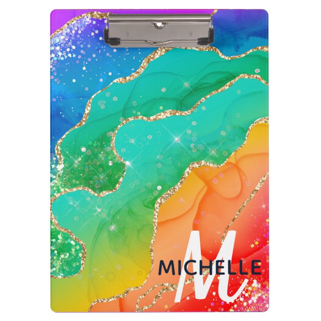Helle Regenbogenfarben und goldene Imitat Glitzer  Klemmbrett (Vorderseite)