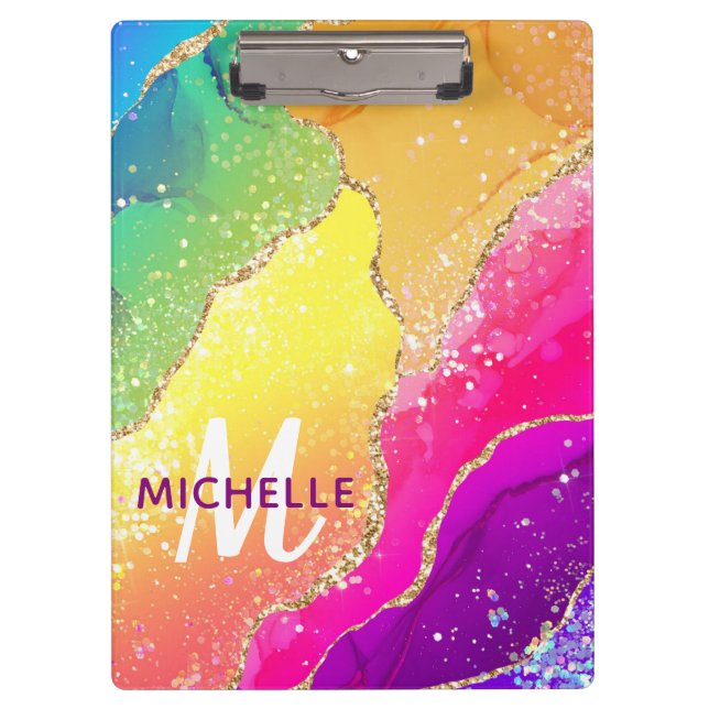 Helle Regenbogenfarben und goldene Imitat Glitzer  Klemmbrett (Vorderseite)