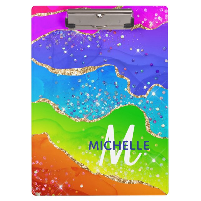 Helle Regenbogenfarben und goldene Imitat Glitzer  Klemmbrett (Vorderseite)