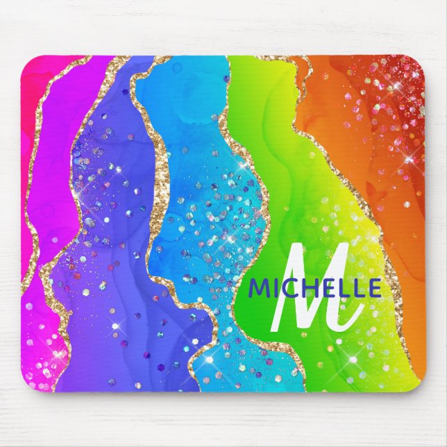 Helle Regenbogenfarben und goldene Imitat Glitzer  Mousepad (Vorne)