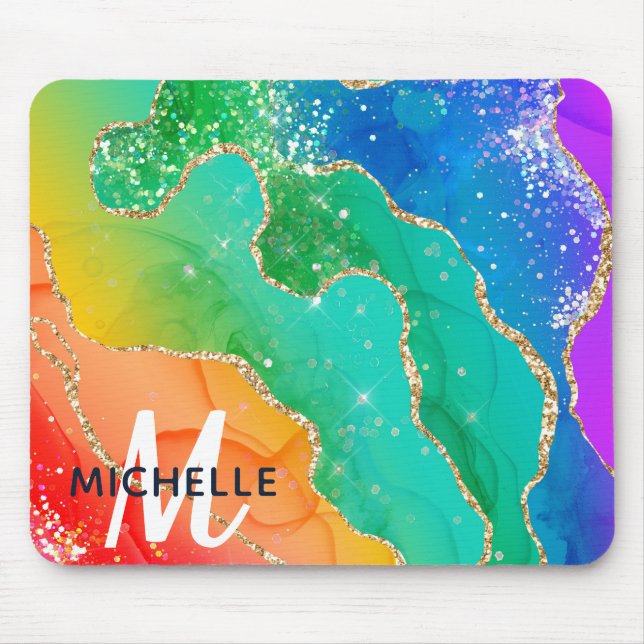 Helle Regenbogenfarben und goldene Imitat Glitzer  Mousepad (Vorne)