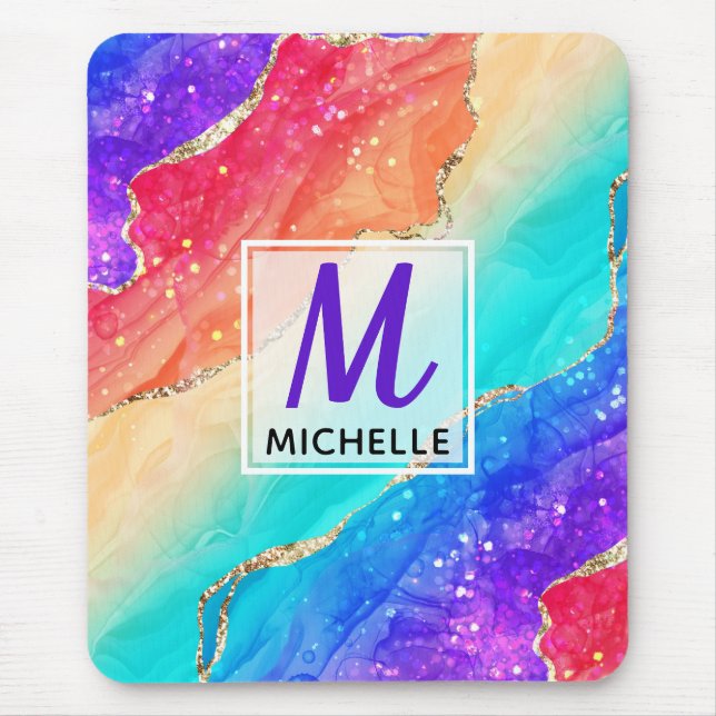 Helle Regenbogenfarben und goldene Imitat Glitzer  Mousepad (Vorne)