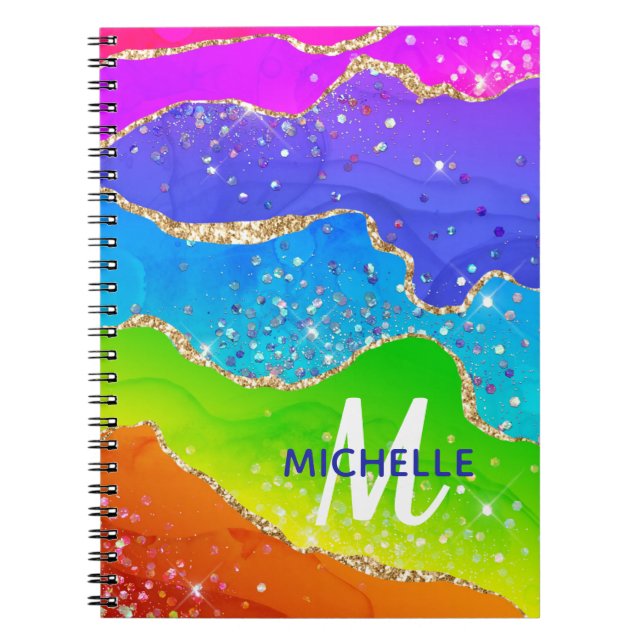 Helle Regenbogenfarben und goldene Imitat Glitzer  Notizblock (Vorderseite)