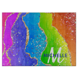 Helle Regenbogenfarben und goldene Imitat Glitzer  Schneidebrett