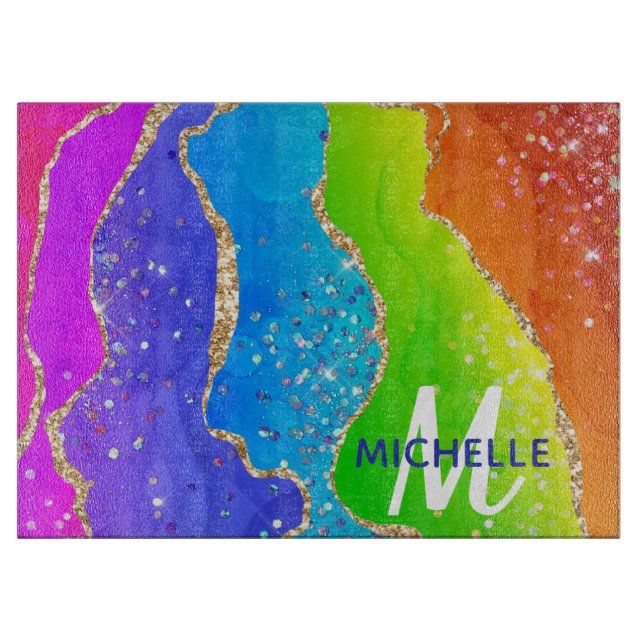 Helle Regenbogenfarben und goldene Imitat Glitzer  Schneidebrett (Vorderseite)