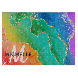 Helle Regenbogenfarben und goldene Imitat Glitzer  Schneidebrett