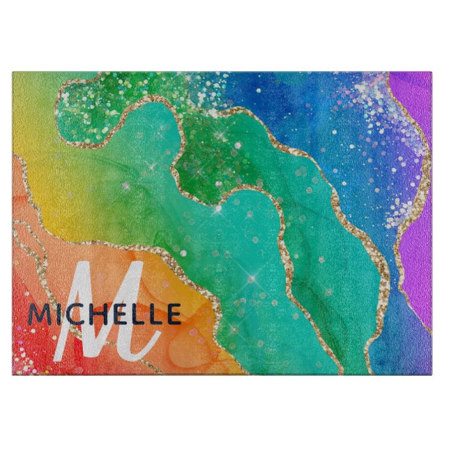 Helle Regenbogenfarben und goldene Imitat Glitzer  Schneidebrett (Vorderseite)