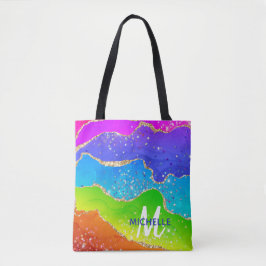 Helle Regenbogenfarben und goldene Imitat Glitzer  Tasche