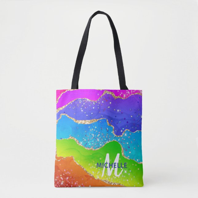 Helle Regenbogenfarben und goldene Imitat Glitzer  Tasche (Vorderseite)