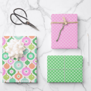 Helle Retro Weihnachtsschmuck & Karos Muster Geschenkpapier Set