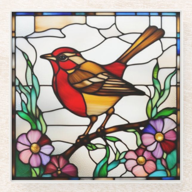 Helle Robin in Buntglas Glasuntersetzer (Vorderseite)