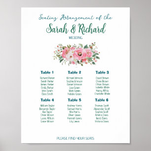 Helle rosa Blumenhochzeit Sitzplan Poster
