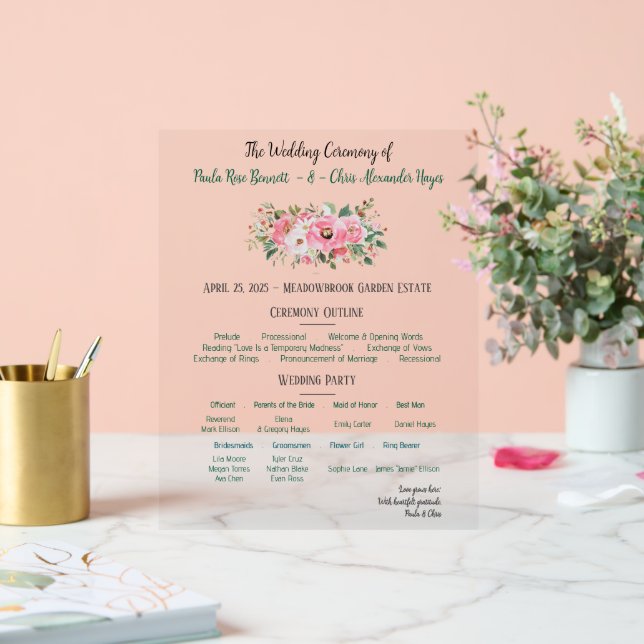 Helle rosa Blumenhochzeitsprogramm Acrylschild (Hochzeit)