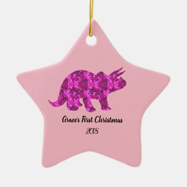 Helle rosa Dinosaurier-Weihnachtsverzierung Keramikornament (Vorne)
